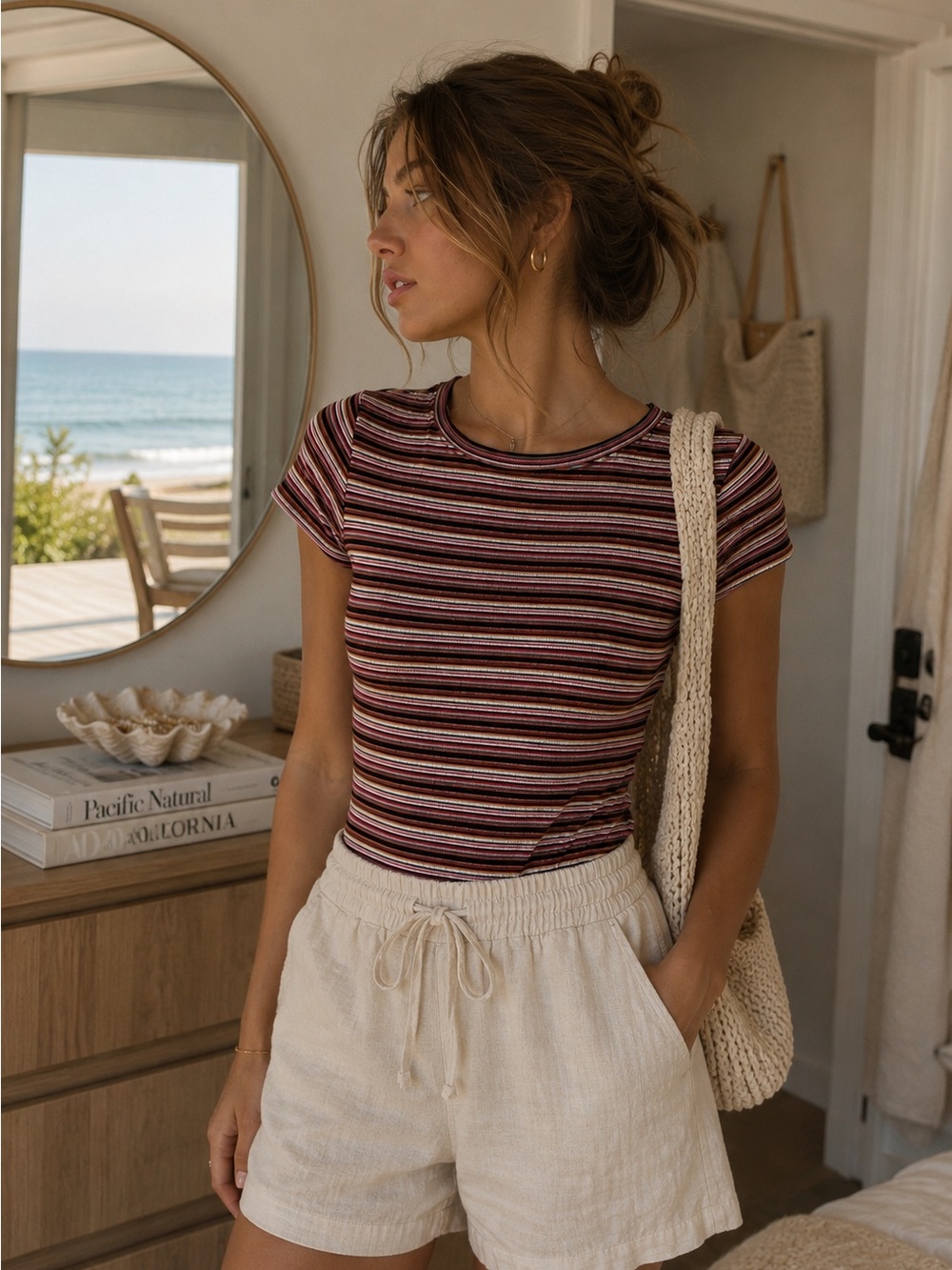 Active USA Burgundy Multi Striped Short Sleeve Tee